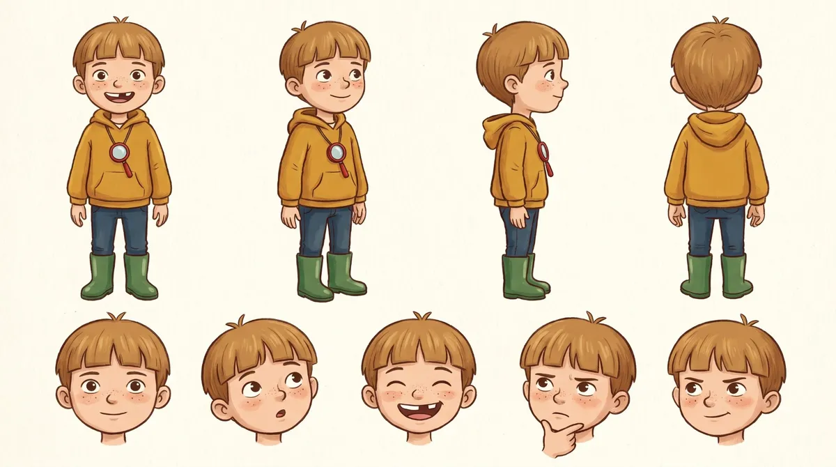 Ein Kind als Comicfigur, von mehreren Seiten gezeichnet